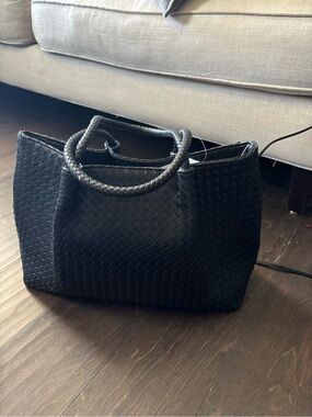 Braided-Handle Black Woven Tote Bag